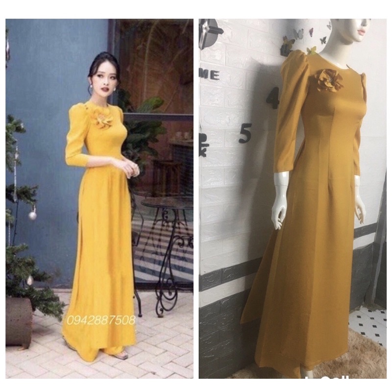 Áo dài tay bồng đính hoa, áo dài lụa vàng đồng Tây Thi cao cấp kèm quần