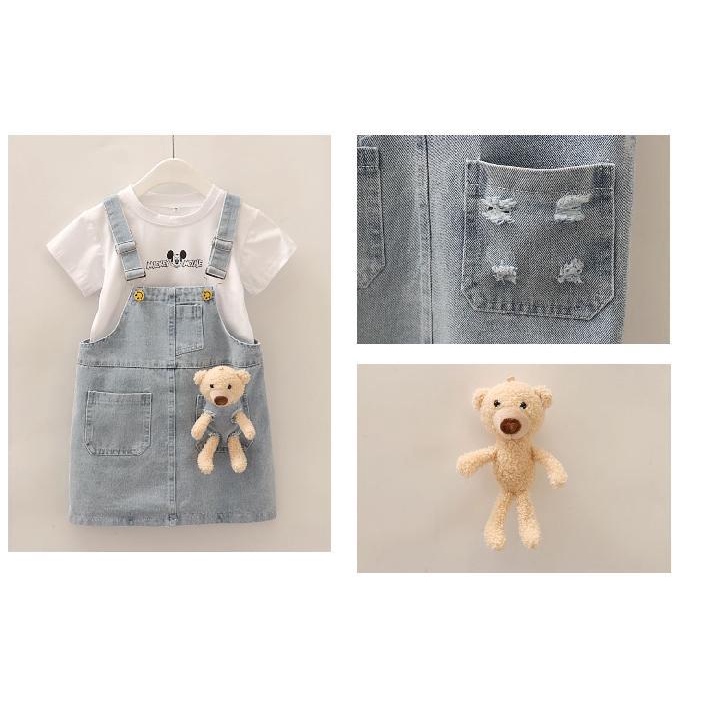 Set Áo Thun Ngắn Tay In Hình Gấu + Chân Váy Yếm denim Dễ Thương Cho Bé Gái