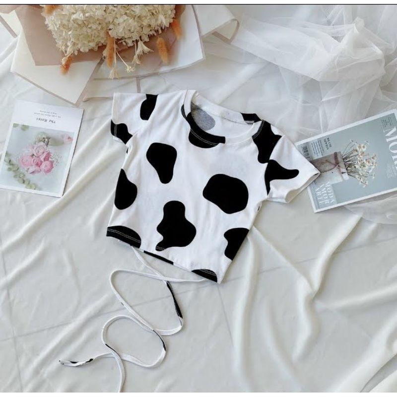 Áo croptop dây quấn eo họa tiết bò sữa có hai loại tay ngắn và tây dài hàng y hình  ( free sire từ 40-53kg)