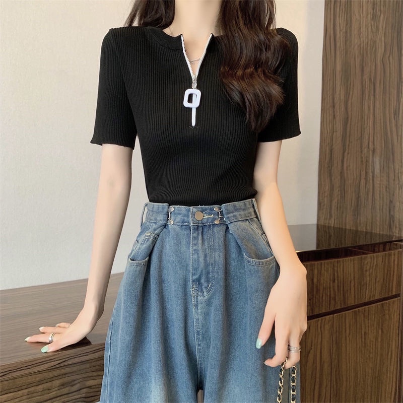 59110. ÁO LEN KHOÁ NGỰC TAY NGẮN