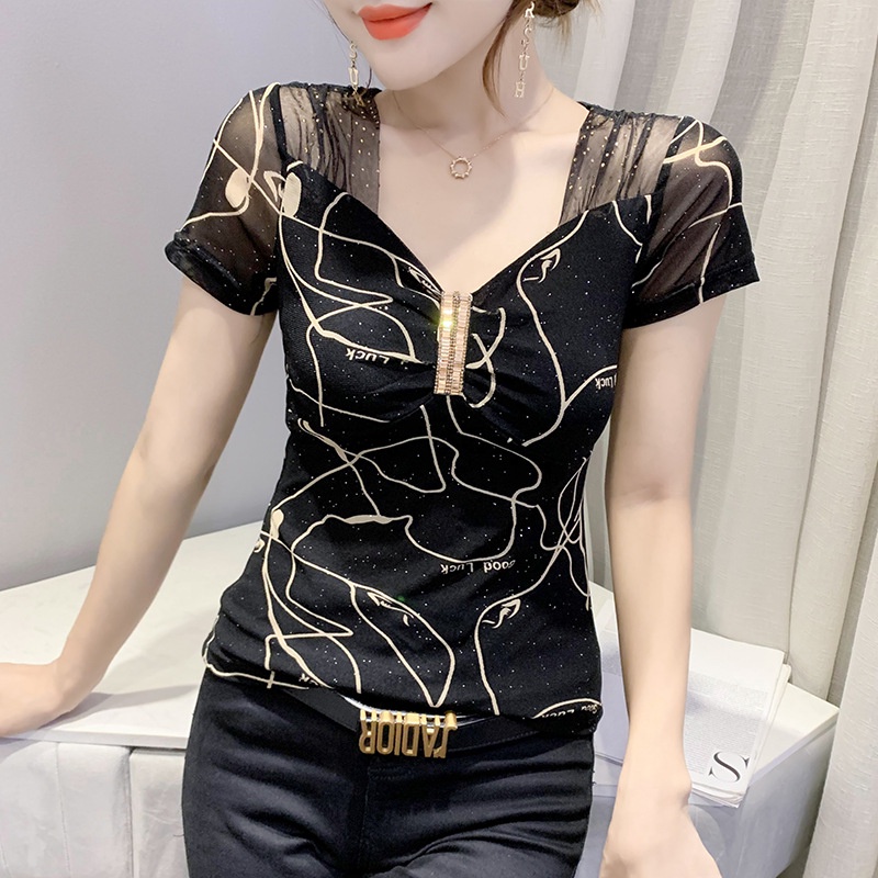 áo lưới tay ngắn áo kiểu trễ vai In Họa Tiết Đính Đá Thiết Kế Mới Thời Trang Dành Cho Mùa Hè