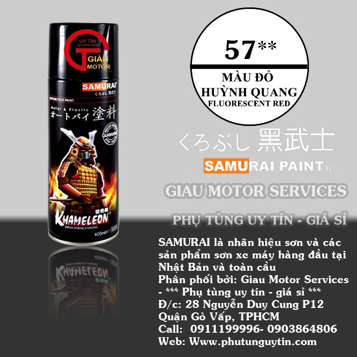 Samurai 57 - Sơn xịt xe máy màu ĐỎ huỳnh quang  _ Fluorescent RED   sơn mâm xe máy và nhựa . - Samurai Sài Gòn.
