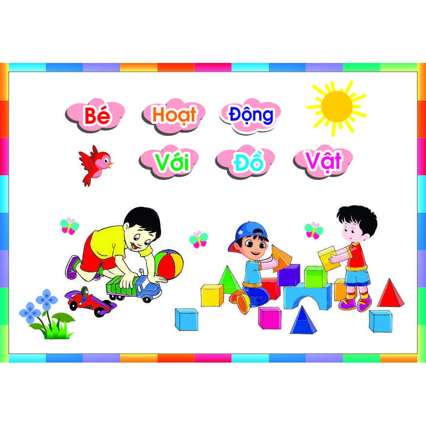 Tranh góc bé hoạt động với đồ vật trang trí lớp học mầm non decal dán tường 60x80cm, 100x80cm