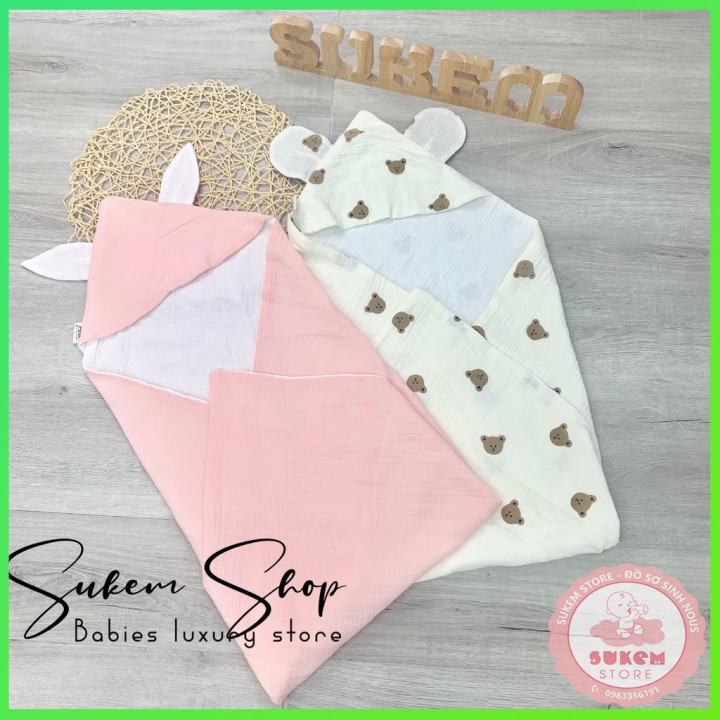 Ủ Choàng Cho Bé/Chăn Ủ Xô 2 Lớp BéBé Có Mũ Tai Gấu Xinh Xắn, Thoáng Khí Họa Tiết Xinh Xắn