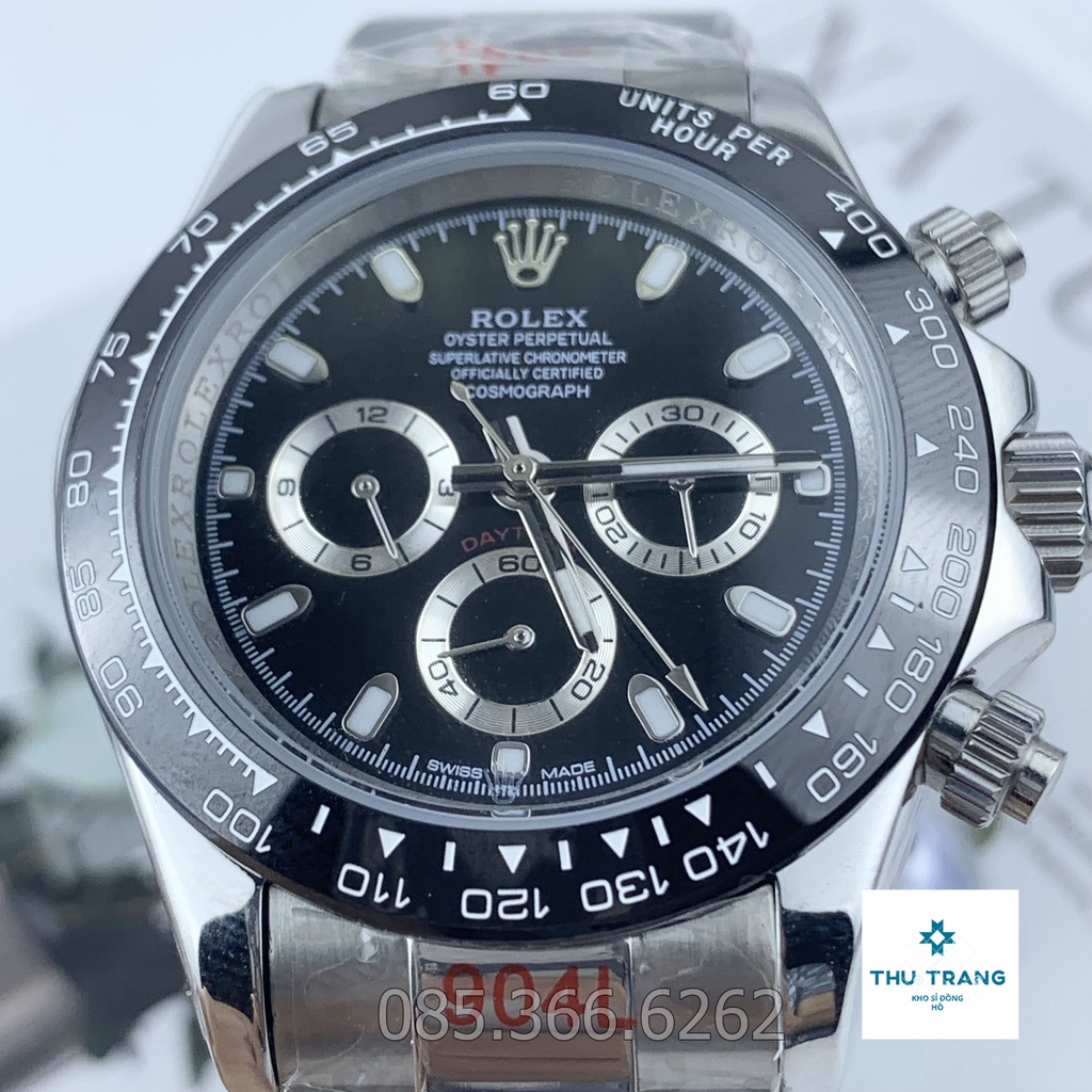Đồng hồ nam Rolex cơ Automatic máy Nhật mẫu 3 nút mặt đen -trắng dây thép trắng size 41-42mm