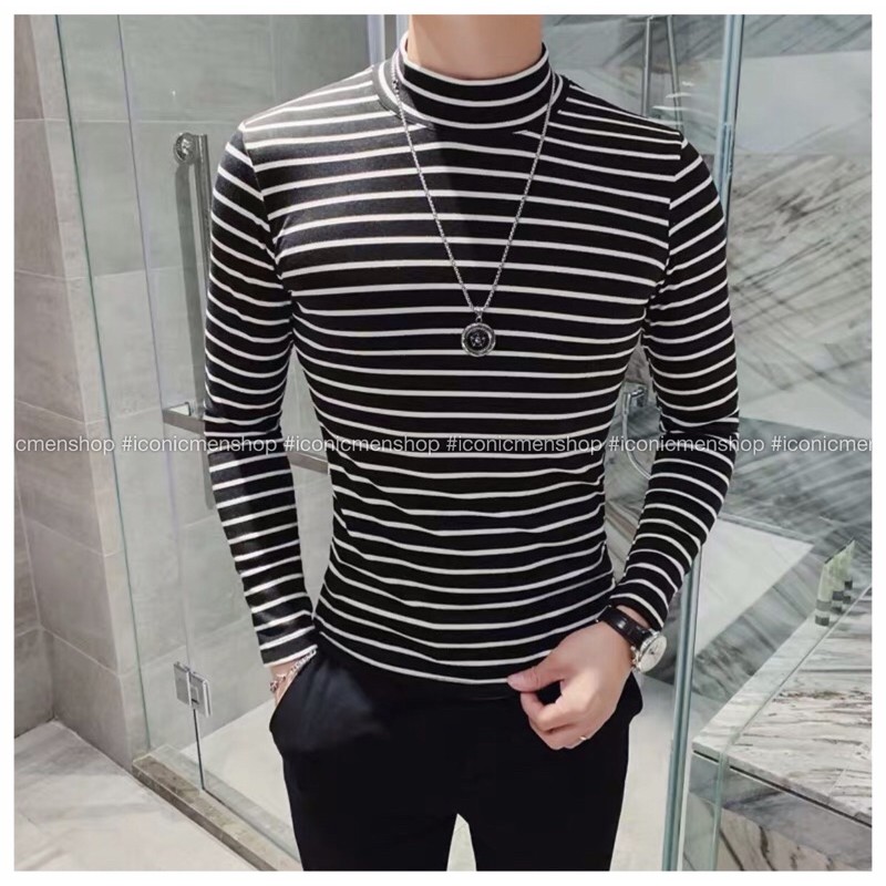 Áo thun sọc dài tay form body cổ trụ