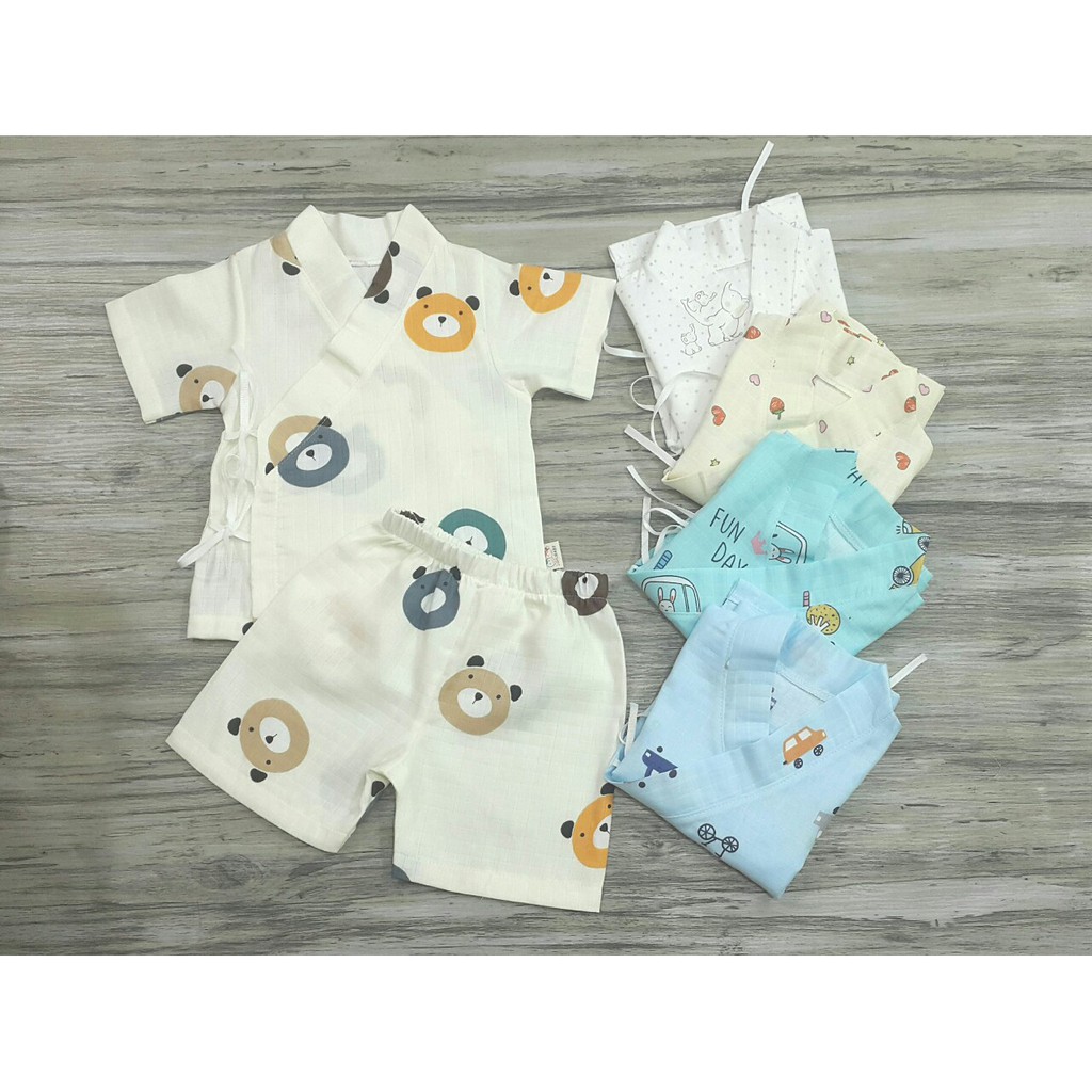 Bộ Yukata Đùi Cộc Vải Xô Cotton Organic Bé 5 - 10 ký  [SIHU BABY SHOP]