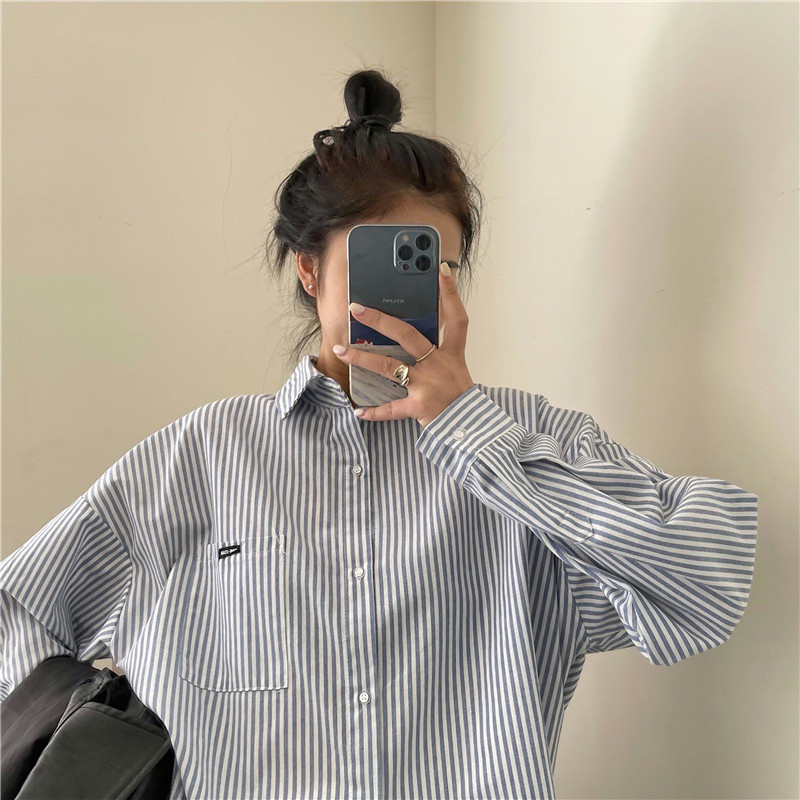 Áo sơ mi tay dài dáng rộng kẻ sọc kiểu Hàn Quốc cá tính