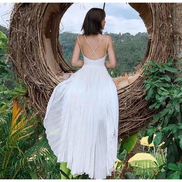 đầm maxi trắng dập ly