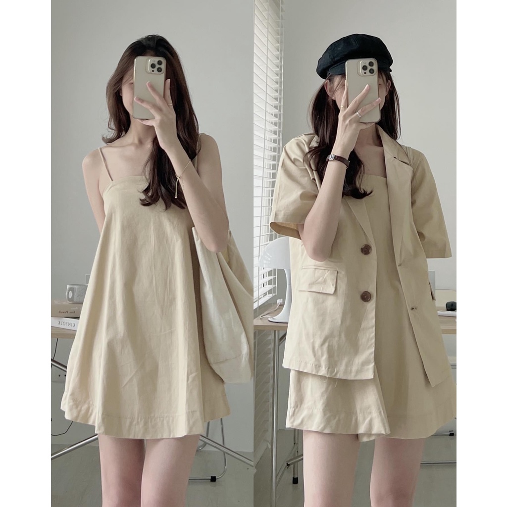 SET VÁY 2 DÂY LINENE KÈM ÁO KHOÁC BLAZER doubleh.clo - Set váy 2 dây chun lưng điều chỉnh kèm áo khoác blazer không nhăn