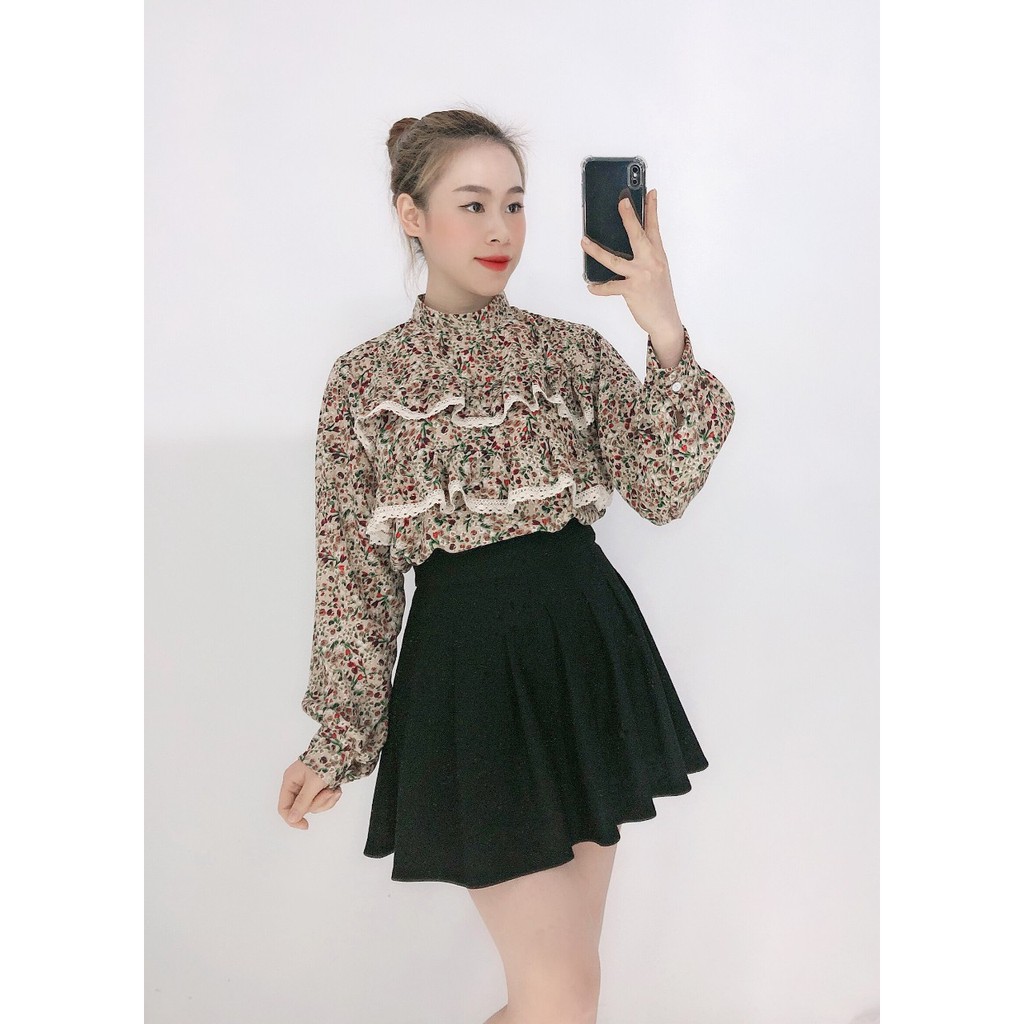 Sơ mi hoa nhí pha viền bèo ren