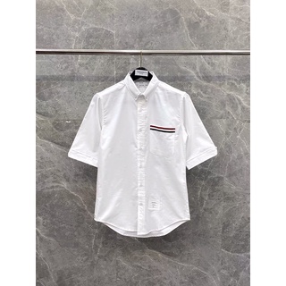 Áo sơ mi Thom Browne trắng, tay ngắn viền túi cao cấp
