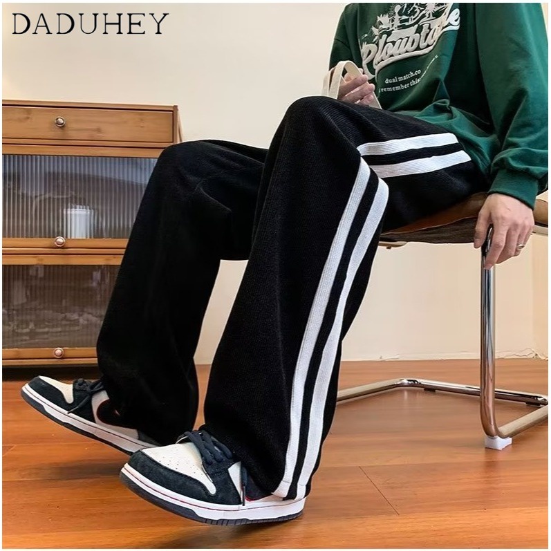 DaDuHey Men's Autumn Fashion Brand Loose Striped Casual Pants Ins Corduroy Straight Wide Leg Sports Pants
