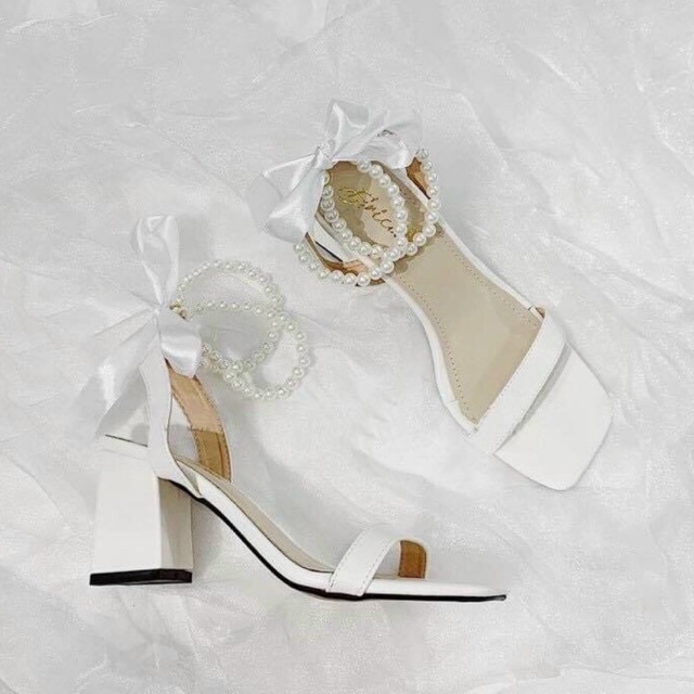 Giày sandal cao gót nữ  7 phân quai ngọc, Giày cao gót đế vuông thắt nơ 7 phân hottrend 2022 mã S172