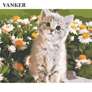 Tranh sơn dầu hình mèo và hoa cúc trang trí nhà cửa DIY 40*50cm