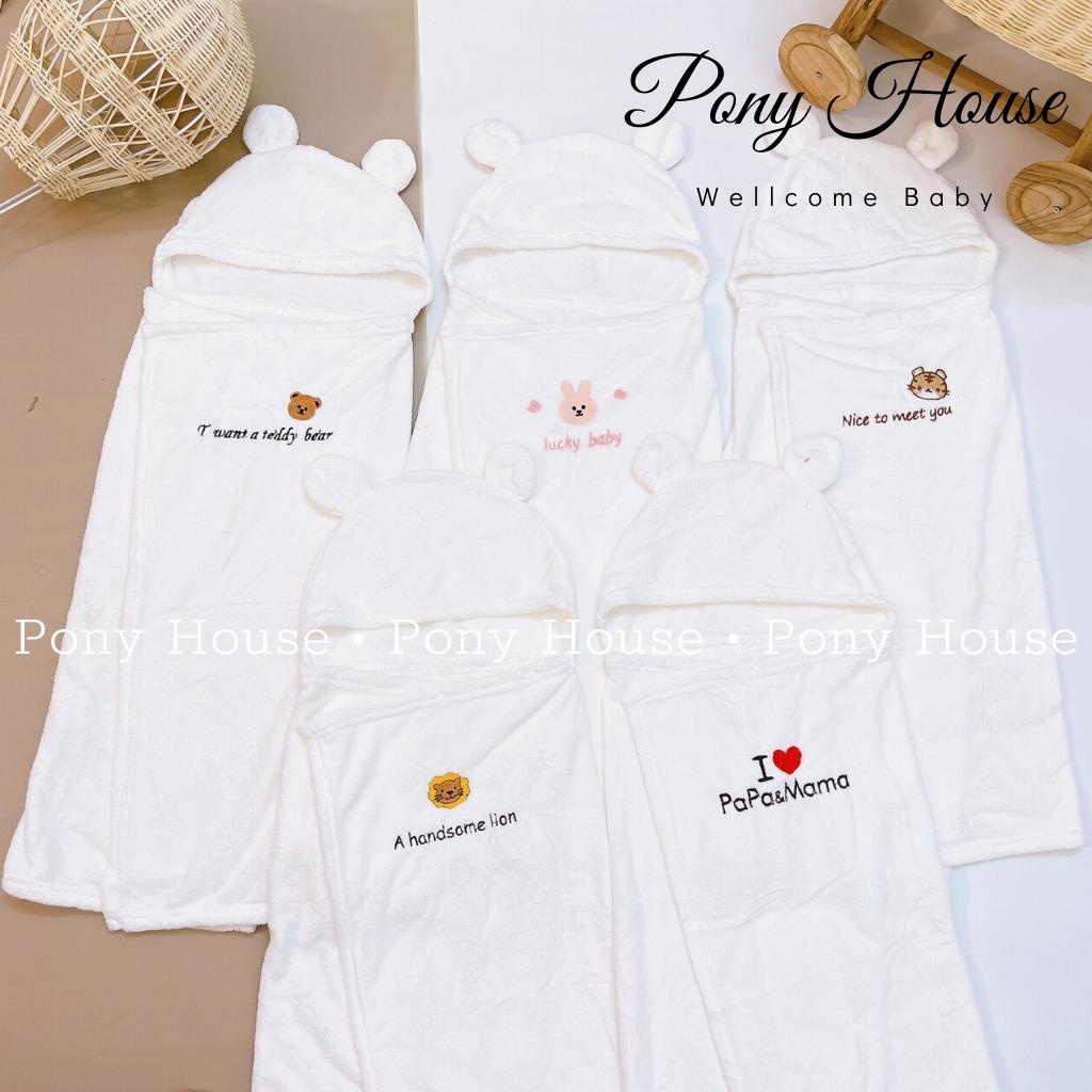 Chăn Choàng Ủ Lông Có Mũ Thêu Hình Gấu Phong Cách Hàn Quốc Cho Bé Sơ Sinh Hàng Loại 1 Lông Mịn, Dày Dặn