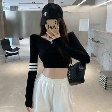 Áo lửng ZHELIHANGFEI dài tay họa tiết sọc thời trang dành cho nữ