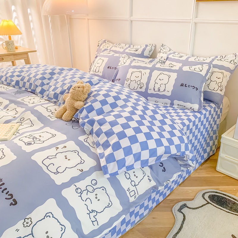 Bộ chăn ga gối Cotton Poly M2T BEDDING gồm vỏ chăn mền, drap ga giường và 2 vỏ gối nằm - PL Gấu hỏi chấm