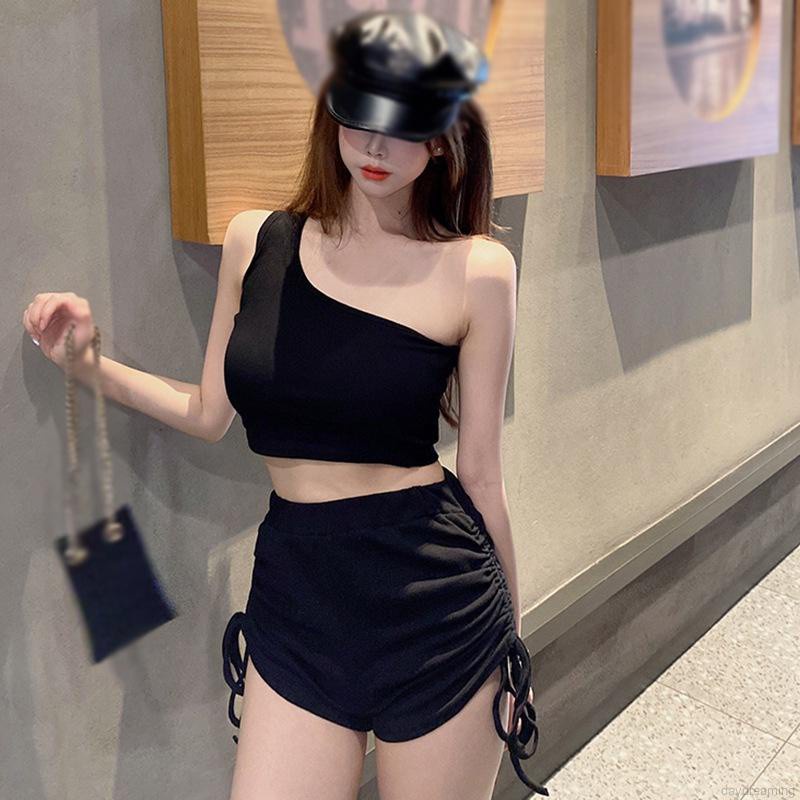 Bộ Áo Tank Top 2 Dây + Quần Short Lưng Cao Cá Tính Cho Nữ