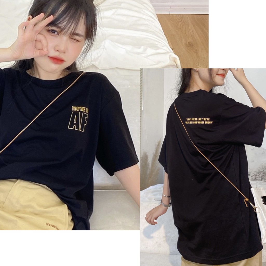 Áo thun tay lỡ in chữ AF đen form rộng cá tính ulzzang - Made by Fiin