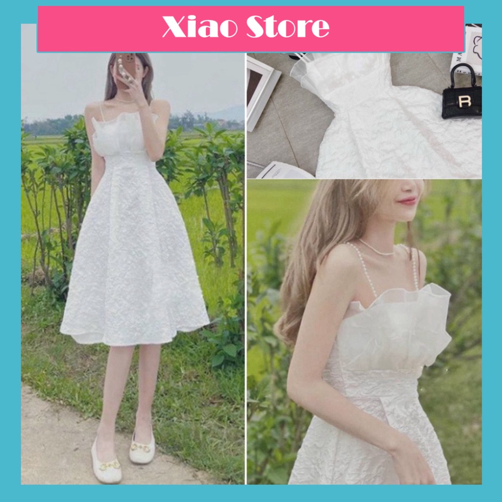 Váy Trắng dự tiệc Thiết Kế Hai Dây Ngọc Xốp Vân Nổi Prince Dress babydoll váy xinh ulzzang - Váy mầu trắng xiao shop