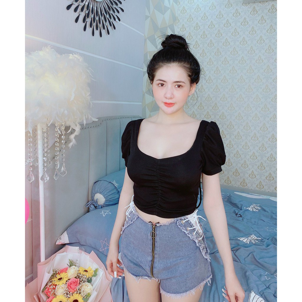 áo thun bozip croptop hở lưng v rút dây ngang sau xinh xắn kèm mút
