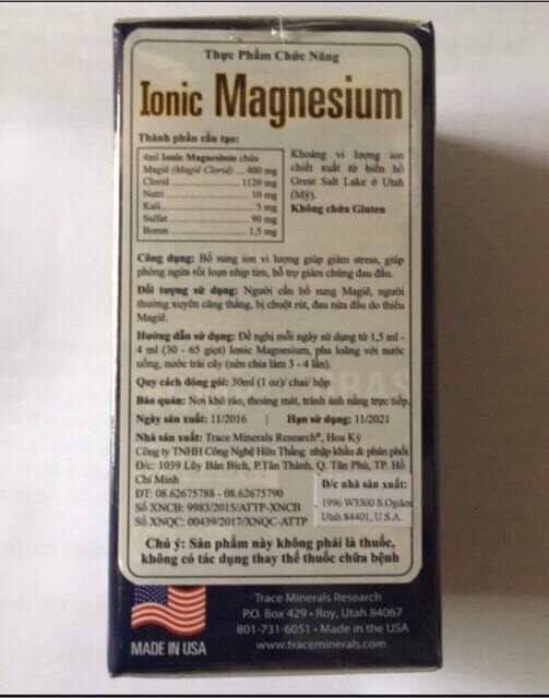 Ionic Magnesium 400mg (USA)(hàng chính hãng)(người cần bổ sung Magiê,bị chuột rút,căng thẳng,loạn nhịp tim,đau nữa đầu
