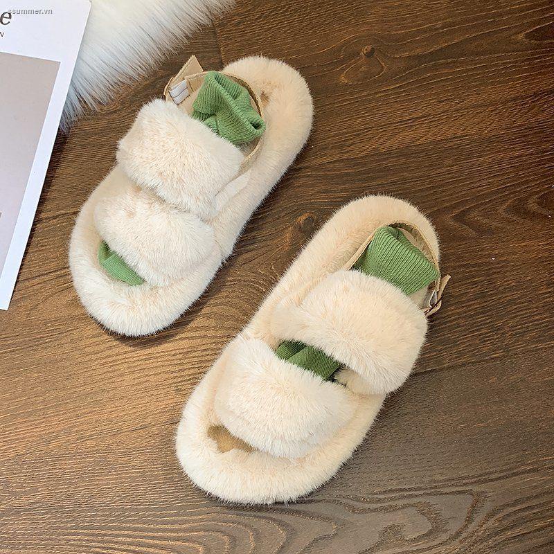 Giày Sandal Đế Bằng Phối Lông Thời Trang Mùa Hè Phong Cách Hàn Quốc Cho Nữ