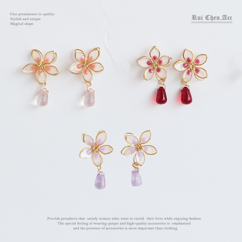 [Hàng Mới Về] Bông Tai Kẹp Không Xỏ Lỗ Mặt Resin Tráng Men Hình Hoa Anh Đào Mori Girl