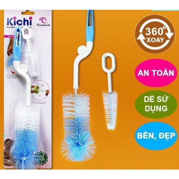 Bộ cọ rửa bình sữa, núm ti 2 chi tiết Kichilachi bằng cước cao cấp cho bé