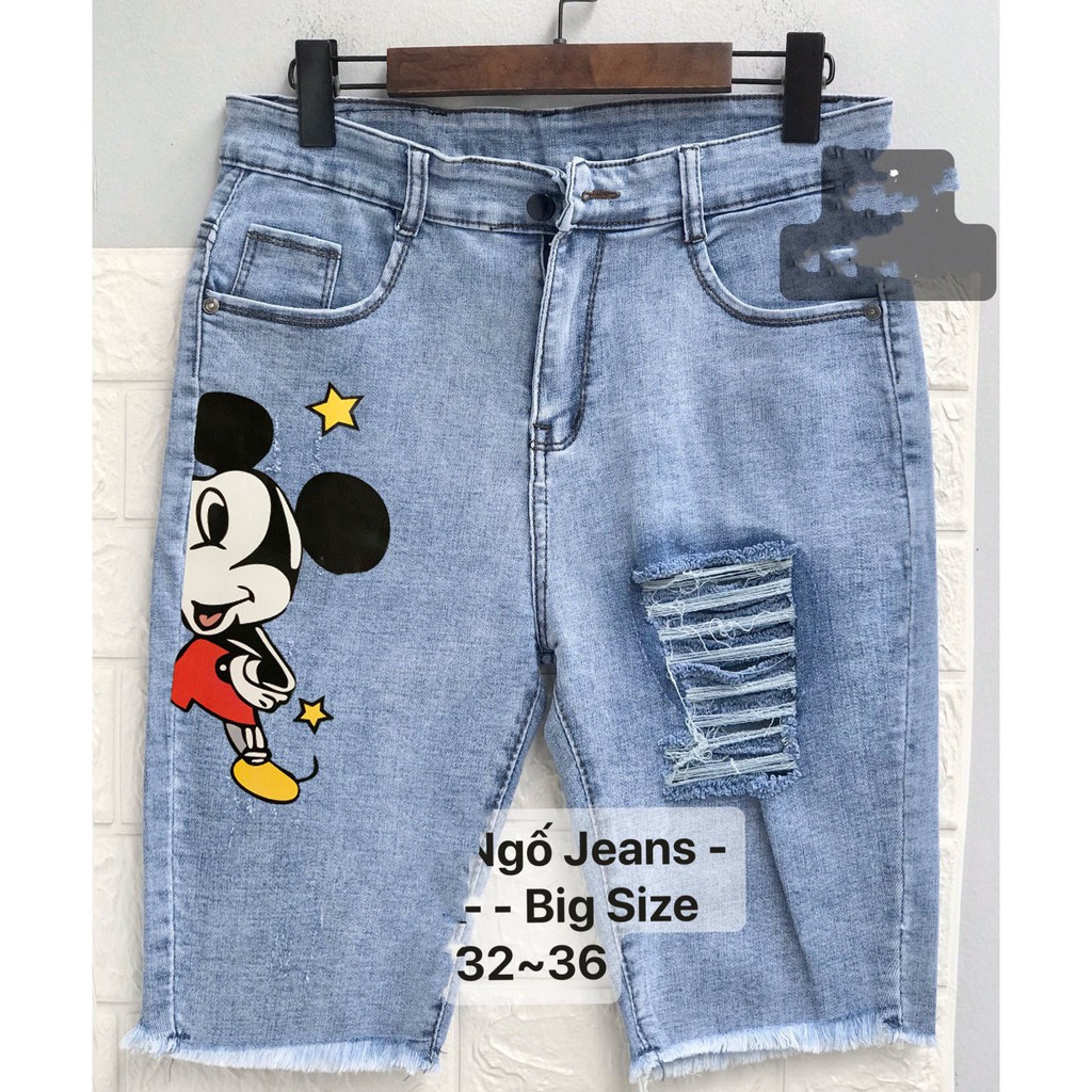 [60kg~90kg] Quần jean ngố / lửng BIG SIZE lưng cao, co dãn mạnh rách kiểu đẹp IN HÌNH chuột mickey 3459 moliruan