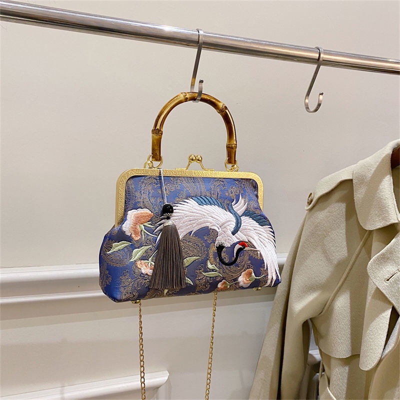 Túi Xách Nữ Thêu Họa Tiết Chim Hạc Phong Cách Trung Hoa Cổ Điển Mới 2021