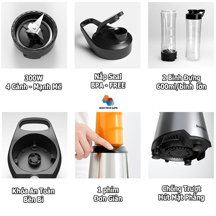 Máy Xay Sinh Tố Mini Shardor Pb615b Mix And Go Thiết Kế Nhỏ Gọn, 2 Bình Cầm Tay Di Động, Xay Thực Phẩm Trái Cây Đa Năng