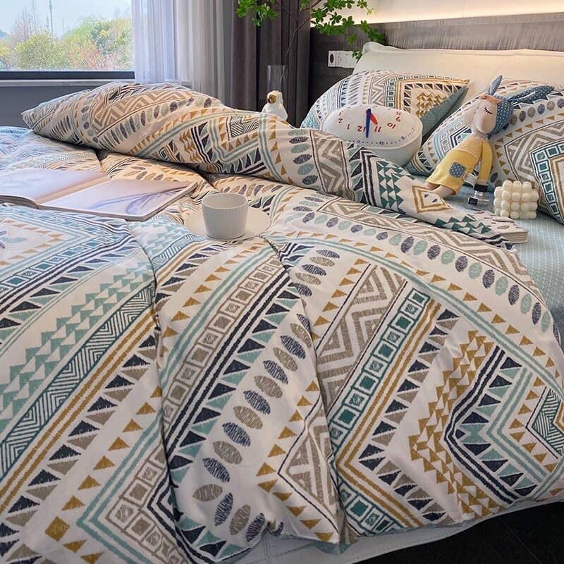 Bộ Chăn Ga Gối Cotton Living Thổ Cẩm Xanh Mint Hot Hit - Chất Liệu 100% Cotton