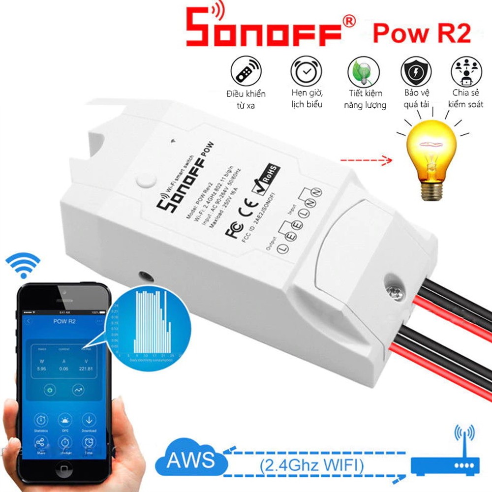 Công tắc WiFi Sonoff POW R2 điều khiển từ xa tích hợp công tơ kiểm soát công suất bảo vệ quá tải