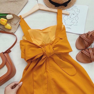 Đầm maxi, váy hai dây màu vàng nghệ nơ sau (kèm hình thật)