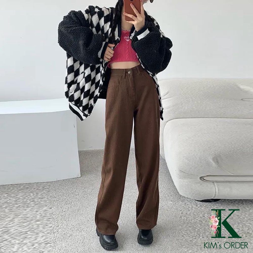 Quần Jeans Nữ Màu Nâu Đất Ống Suông Chất Jean Cạp Cao Phom Rộng Phong Cách Ulzzang Loại 1 Mặc Hàng Ngày Tặng Dây Tóc