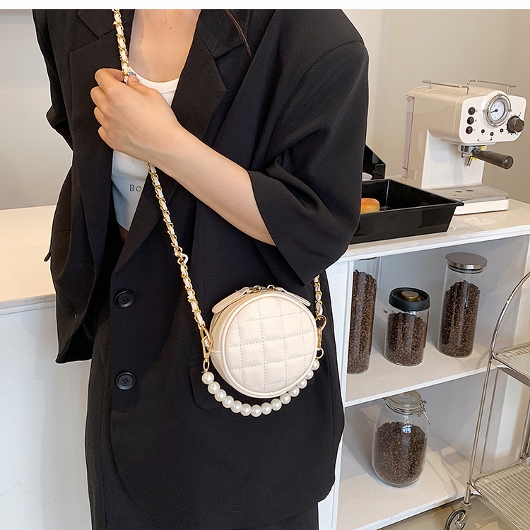 Túi đeo vai IELGY hình tròn cỡ nhỏ họa tiết hình thoi phối dây xích thời trang cho nữ