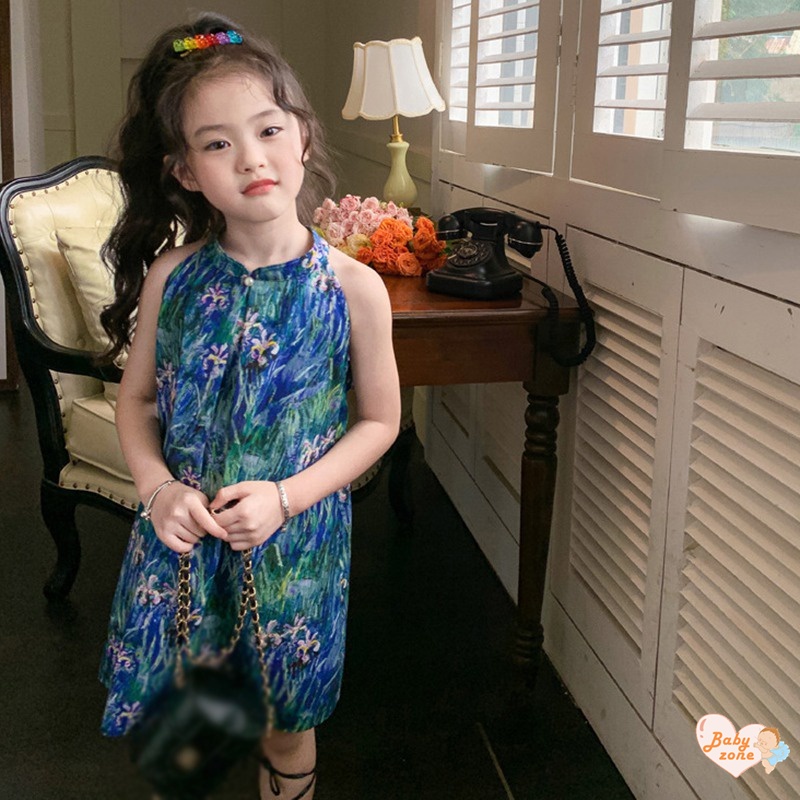 Đầm Công Chúa Hai Dây Eo Phồng In Họa Tiết Hoa Đính Nút Ngọc Trai Dễ Thương Thời Trang Mùa Hè Cho Bé Gái
