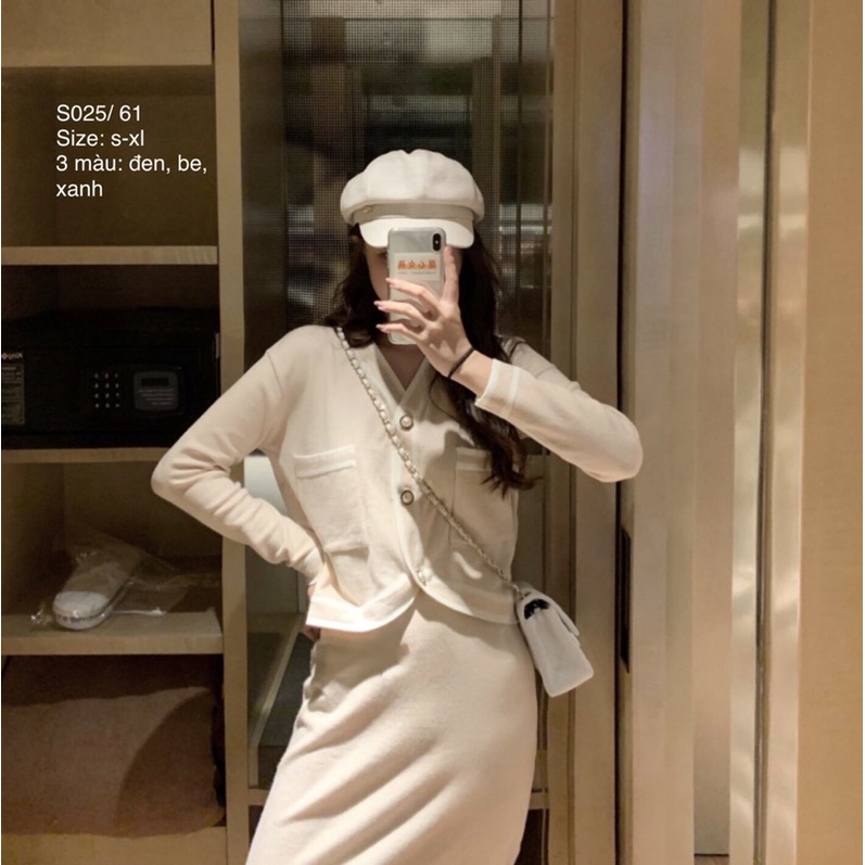 👉 Set Cardigan len mỏng cổ V nút cúc phối sọc viền + chân váy len tăm dáng dài