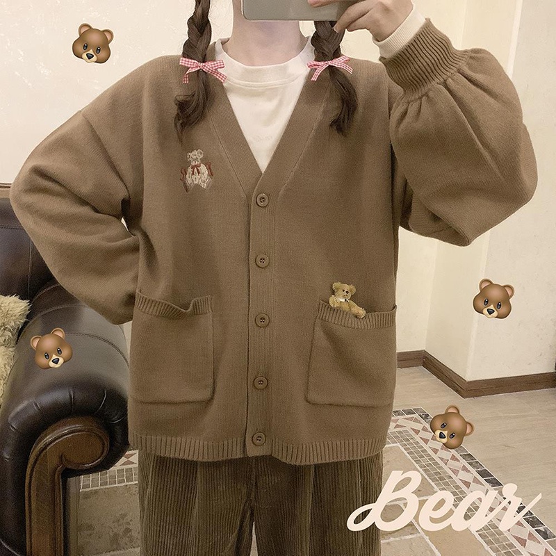 Áo khoác cardigan IELGY chất liệu dệt kim cổ chữ V dáng rộng in họa tiết gấu phong cách Nhật Bản Hàn Quốc cho nữ