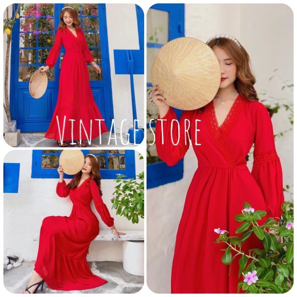 Đầm Maxi tay dài, viền ren, đầm đi biển, chụp hình cưới, kỷ yếu là xuất sắc VINTAGE STORE