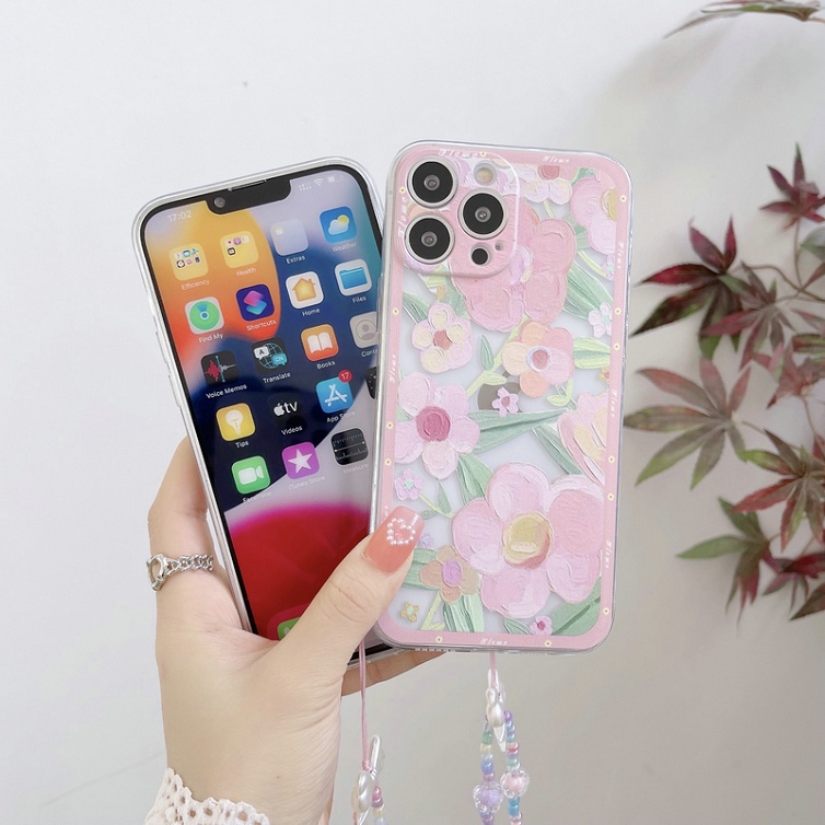 Casing Oppo A7 A5S A12 A11K A3S A96 4G A9 A5 2020 F11 Pro F7 F5 Youth Reno 4 2Z 2F 2 F Z F5Youth F11Pro Bow Chain Straight Edge Cherry Peach Flowers Clear Shockproof Soft Phone Case CES 12