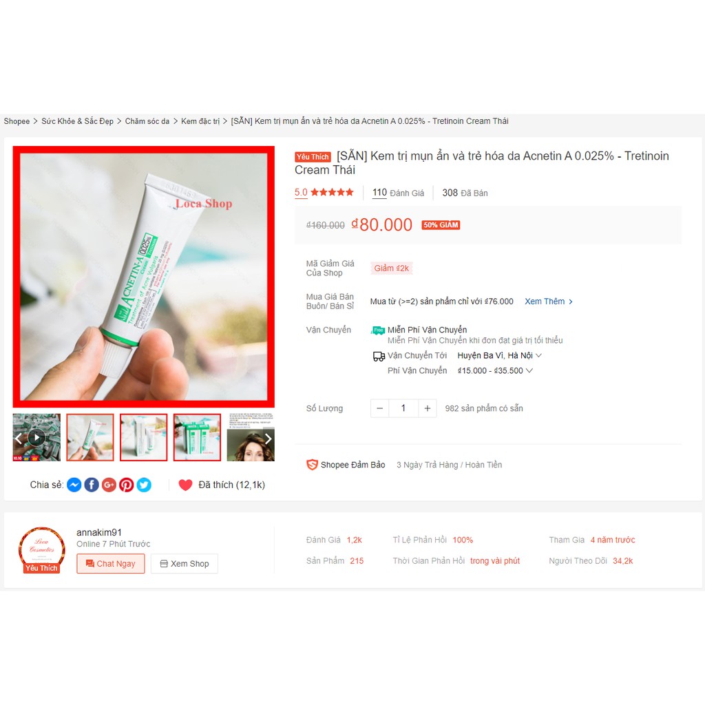 [Mã COS1904 giảm 8% đơn 300K] [Có Bill] Tretinoin 0.05% - tretinoin 0.025% Acnetin A Kem đẩy mụn Retin A Thái mới | BigBuy360 - bigbuy360.vn