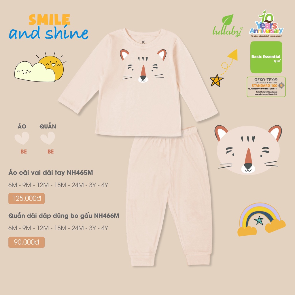 Bộ dài tay thu đông Lullaby chất bambo hoạ tiết gấu Nh465M cho bé (3y 4y không có cúc vai)