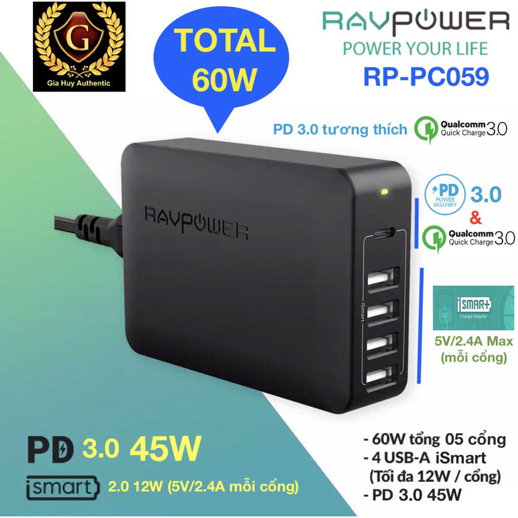 Củ Sạc Macbook, iPad Pro, iPhone 12 RAVPOWER RP-PC059 PD 60W (01 USB-C PD 45W &amp; 04 USB-A iSmart 2.0)