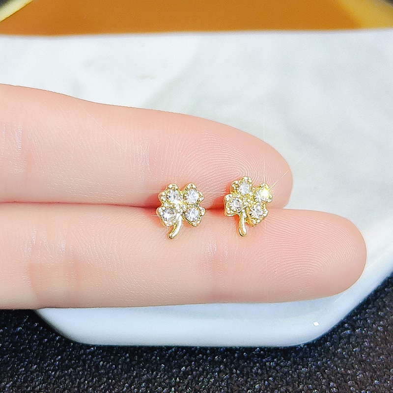 Khuyên tai JIUDUOLAN không gỉ sét thiết kế mặt cỏ bốn lá mạ vàng đính đá nhân tạo thời trang thanh lịch cho nữ