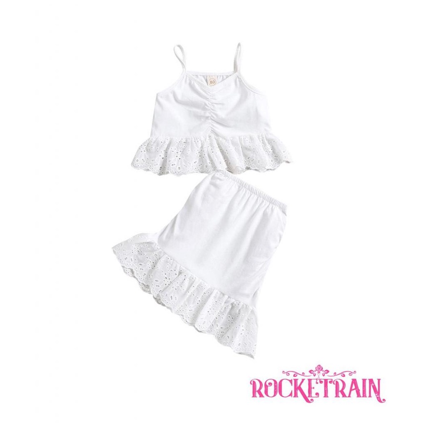 ◑Zc☆Set Đồ Mùa Hè 2 Món Gồm Áo Hai Dây Viền Ren Có Diềm Xếp Nếp + Chân Váy Cho Bé Gái