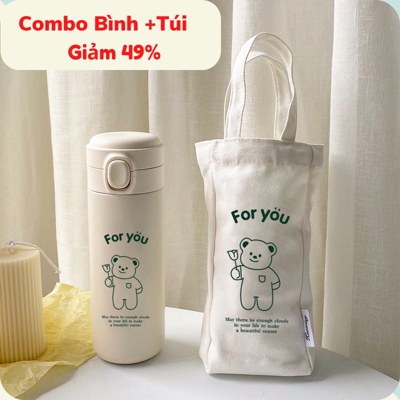 Bình nước giữ nhiệt INOX 304 không gỉ dung tích 450ml và Túi đựng bình giữ nhiệt IN hình chú gấu Ohaya dễ thương