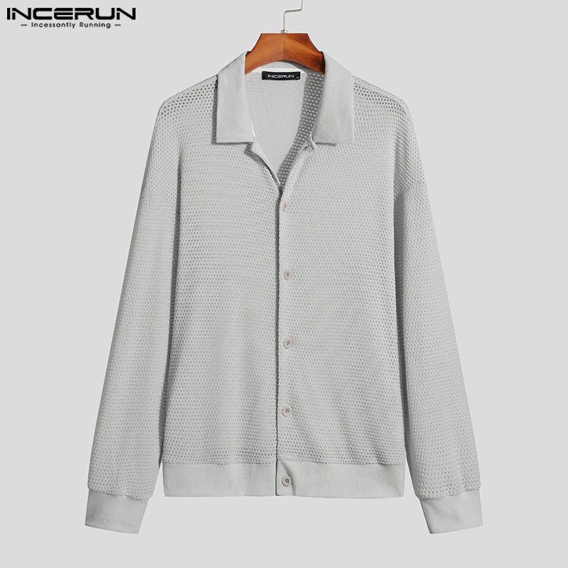 Áo sơ mi INCERUN tay dài cổ bẻ nhìn thấu cài nút hợp thời trang cho nam